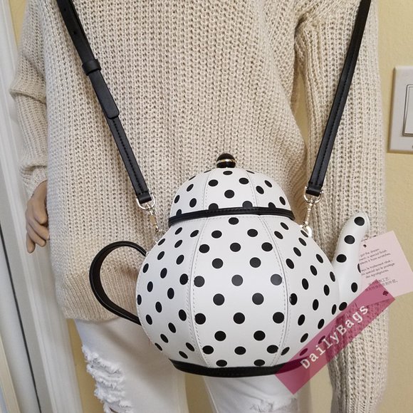 NWT KATE SPADE 100% AUTHENTIC TEAPOT CROSSBODY BLACK POLKA DOTS WHITE TEAPOT - Picture 5 of 10